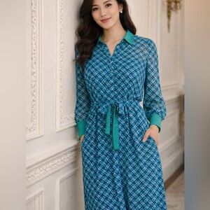 Tahari ASL NWT Blue & Green Geometric Pattern Lined Long Sleeve Shirt Dress